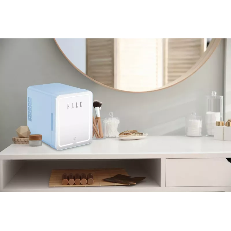 Mini-Kühlschrank mit LED-Schmink-Spiegel Elle 4 L blau — persönlicher Kosmetikkühlschrank