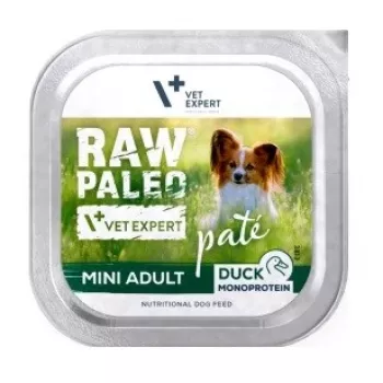 Nassfutter für Hunde VETEXPERT RAW PALEO Pâté Mini Adult Duck 150 g — Alleinfuttermittel für kleine ausgewachsene Hunde, 82,5% Feuchtigkeit, 8% Protein