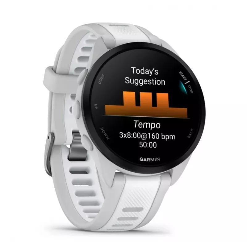Smartwatch GARMIN Forerunner 165 — GPS, AMOLED 1,2 Zoll, 4 GB, 5 ATM, 11 Tage Akku, Graues Gehäuse, Weißes Armband