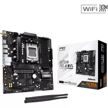 Motherboard ASRock A620AM Pro-A WiFi AM5 mATX — AMD A620, Sockel AM5, DDR5 bis zu 256 GB, Wi‑Fi 6E, 2.5Gb LAN, HDMI 2.1