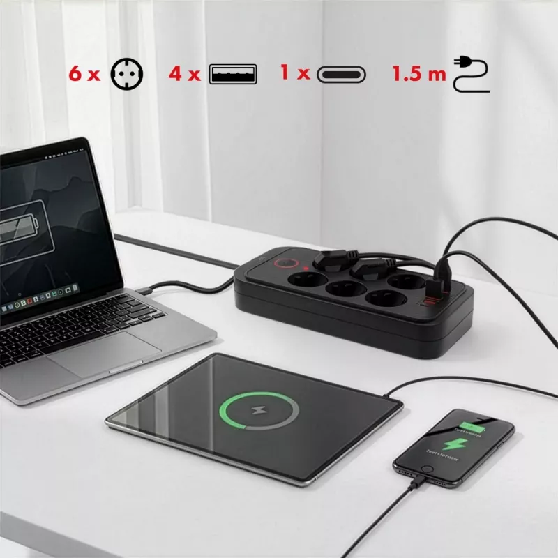 Steckdosenleiste MACLEAN MCE389 B — 6 Steckdosen, 4×USB-A + 1×USB-C, 110–240V, 2,1A, 2500W, 1,5 m Kabel, schwarz