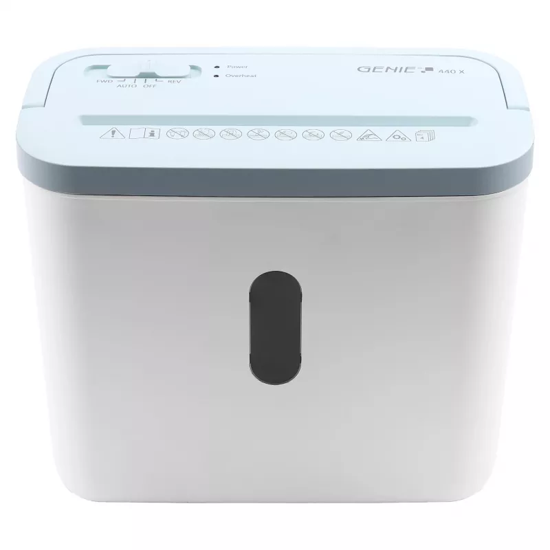 Aktenvernichter genie 440 X Blue — Kreuzschnitt 4 x 38 mm, 8 L Korb, 300 W