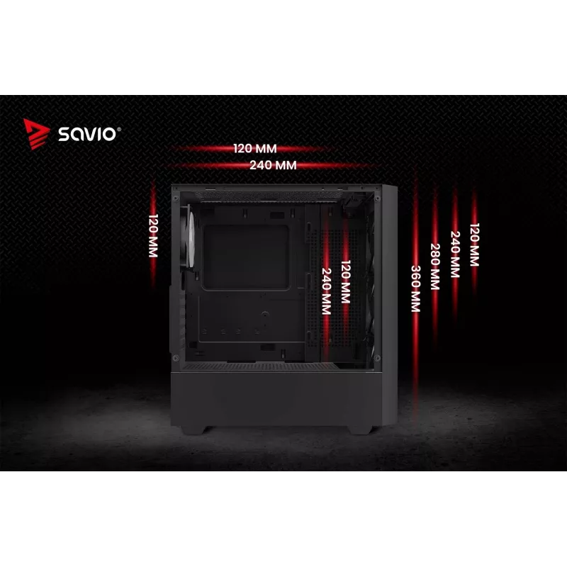 PC-Gehäuse SAVIO Noctis Flow RGB — Cube, ATX/Mini-ITX, 3x 120 mm Frontlüfter, Seitenfenster aus gehärtetem Glas, max. GPU 35 cm