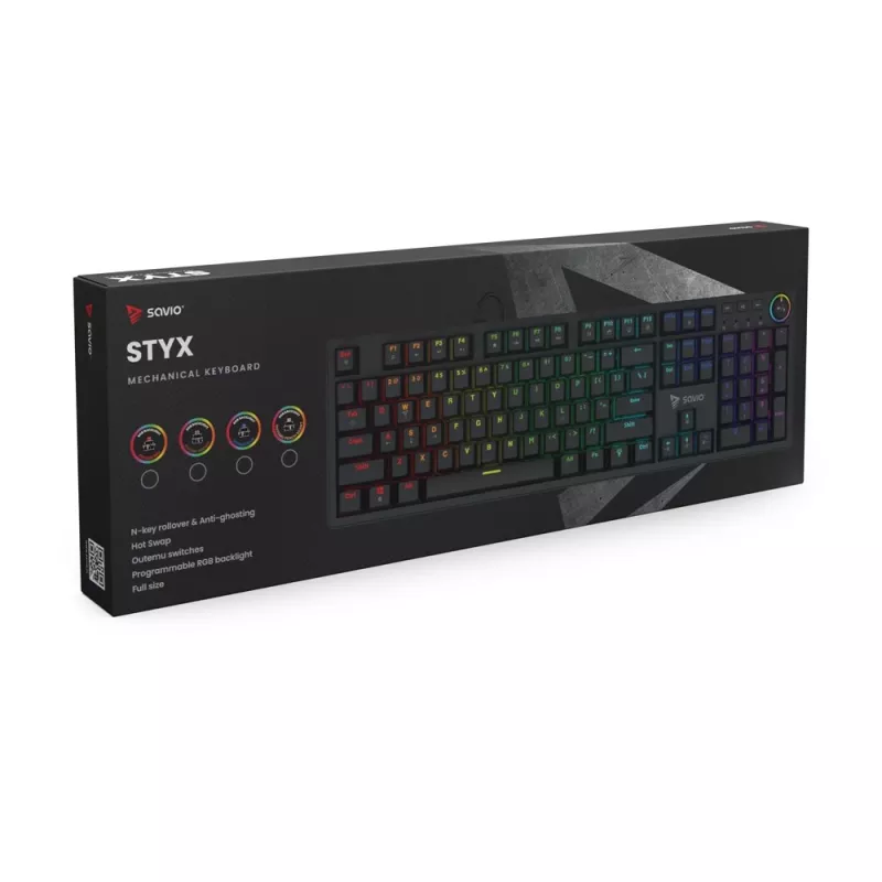 Mechanische Gaming-Tastatur SAVIO STYX Outemu Red — Full-Size 104-Tasten USB kabelgebunden, RGB, ANSI US International, 1,5 m, Schwarz