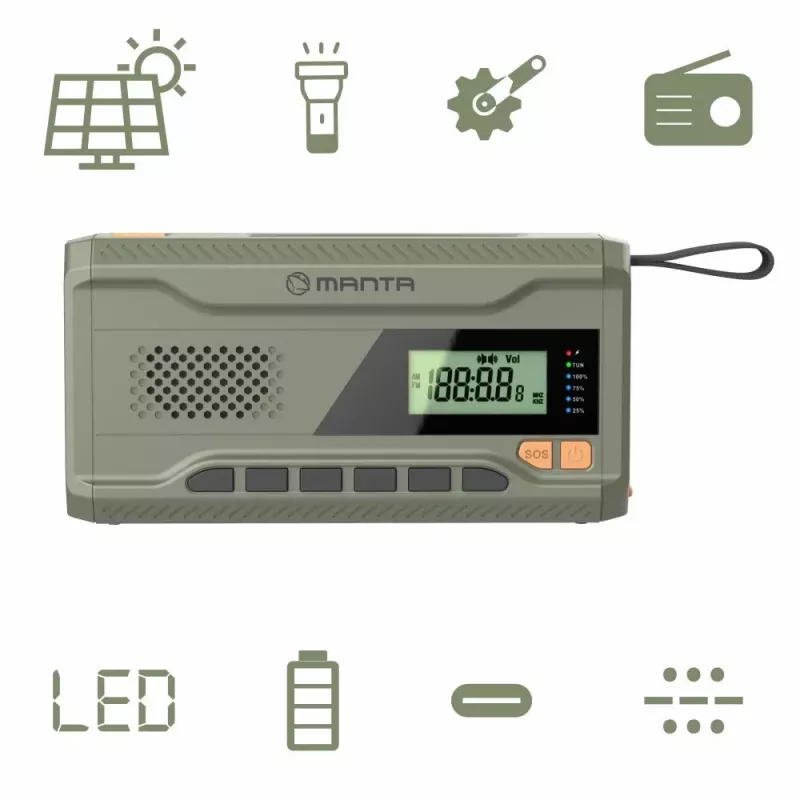 Tragbares UKW-Radio MANTA RDI401G mit Solarpanel, Dynamokurbel, 4000–4500 mAh Akku, 5 V USB-Ausgang, 3 W, Taschenlampe