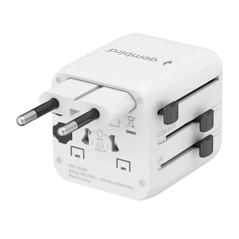 Universeller Reiseadapter GEMBIRD TPA-INT-01-W — Eingang 100–250 V, Typ-G-Stecker, kompakte Abmessungen 84×56×85 mm