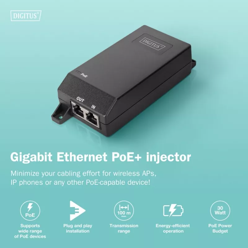 Digitus Gigabit Ethernet PoE+ Injector 802.3at 30 W Schwarz