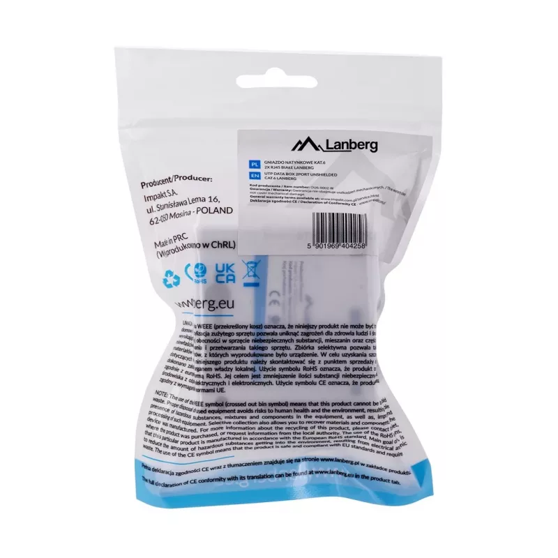 LANBERG Aufputzdose RJ-45 Cat6 OU6-0002-W weiß, 2 Buchsen, 30×54×57 mm