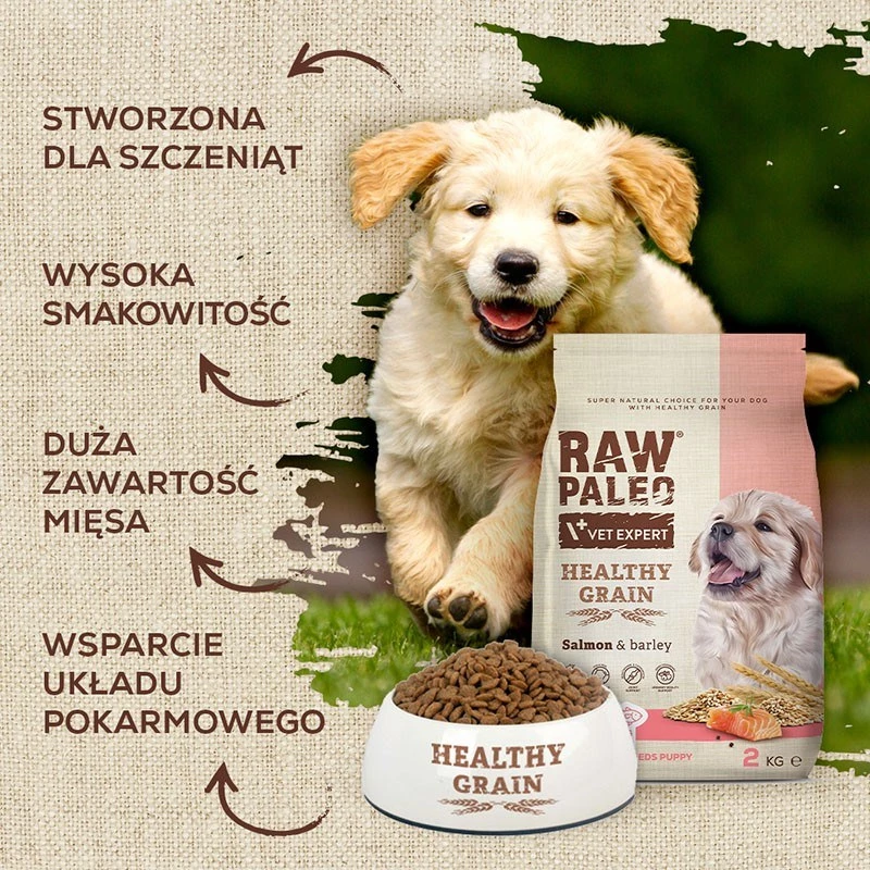 Trockenfutter für Hunde VETEXPERT Raw Paleo Healthy Grain Puppy Lachs und Gerste 10 kg, Protein 29 % Fett 17 % Feuchtigkeit 9 %