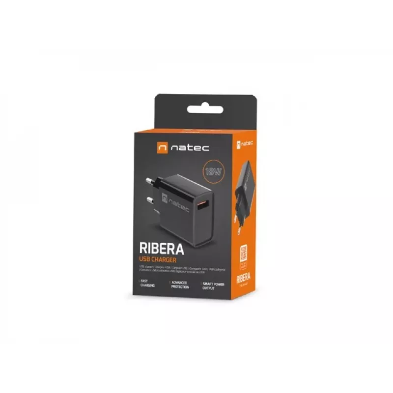 NATEC AC-Schnellladegerät für den Innenbereich, kabelgebunden, Ribera – 18 W (5–15 V, bis zu 3 A), 1× USB-A, Huawei FCP/SCP, schwarz