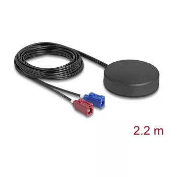 DELOCK 4G GNSS Outdoor-Runddachantenne mit FAKRA C und FAKRA D 2 dBi / 28 dB 2,2 m RG-174 schwarz