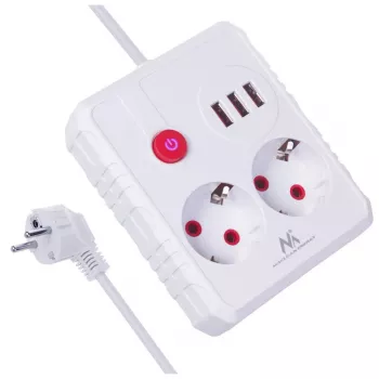 Steckdosenleiste MACLEAN MCE387 W — 2 Steckdosen, 3×USB A, 110–240 V, 2500 W, 1,5 m Kabel, weiß