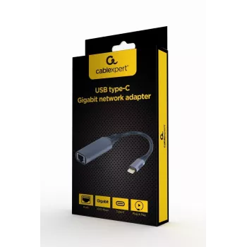 Netzwerkadapter Gembird A-USB3C-LAN-01 Type-C USB 3.2 Gen 1, Gigabit RJ-45, 0,15 m Kabel, Metallgehäuse, grau/schwarz