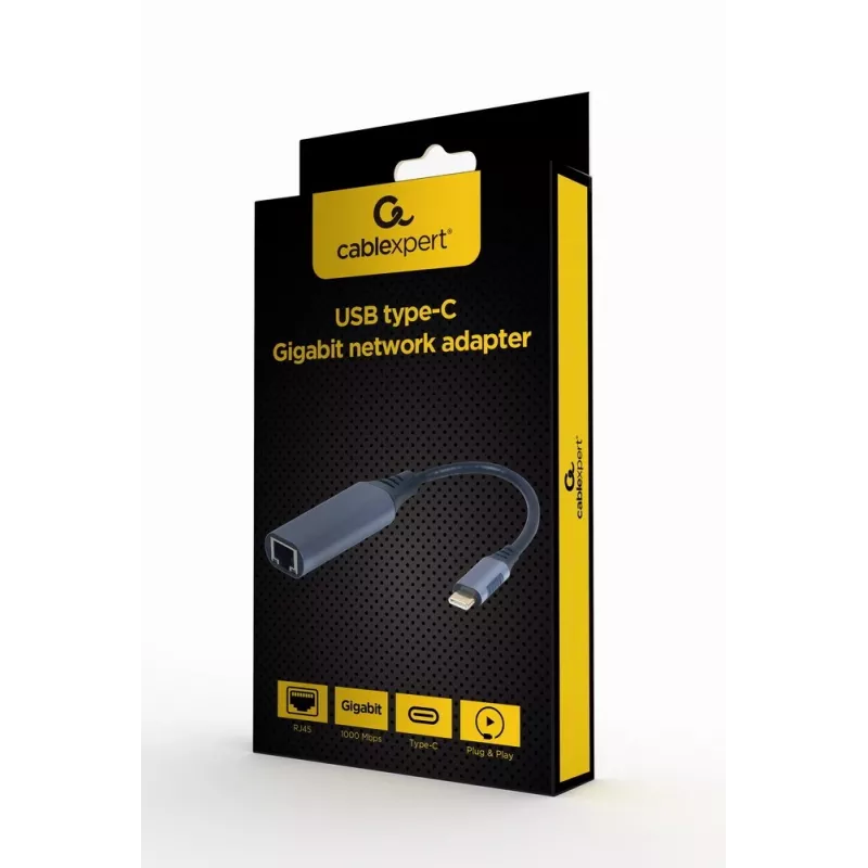Netzwerkadapter Gembird A-USB3C-LAN-01 Type-C USB 3.2 Gen 1, Gigabit RJ-45, 0,15 m Kabel, Metallgehäuse, grau/schwarz