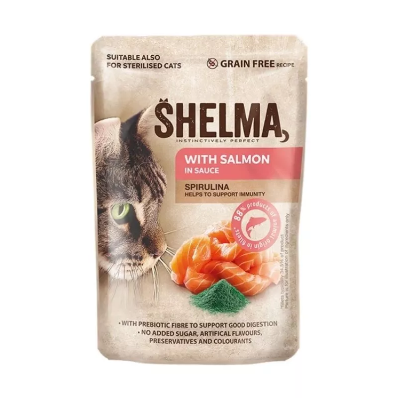 Nassfutter für Katzen SHELMA mit Lachs und Kabeljau in Sauce, 4 x 85 g Beutel, 81 % Feuchtigkeit, 10 % Protein