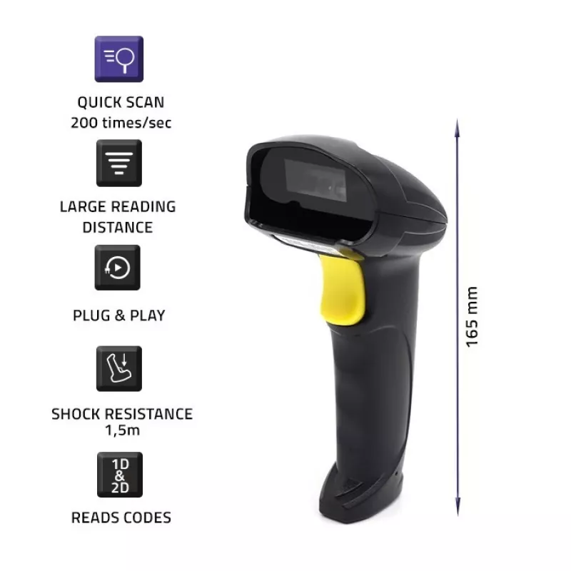 Handheld 1D/2D kabelgebundener Barcodescanner QOLTEC 50853 — USB, ABS-Gehäuse, 1,65 m Kabel, 97×65×167 mm, 105 g