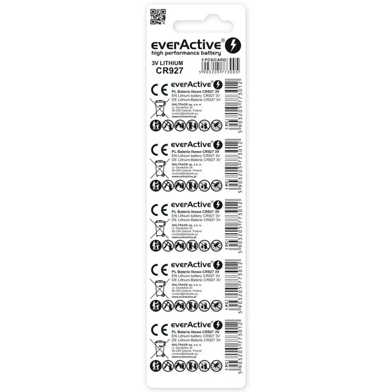 Lithium-Knopfzelle everActive CR927 3V, 30 mAh, Knopfzelle, Höhe 2,7 mm — 5er-Pack