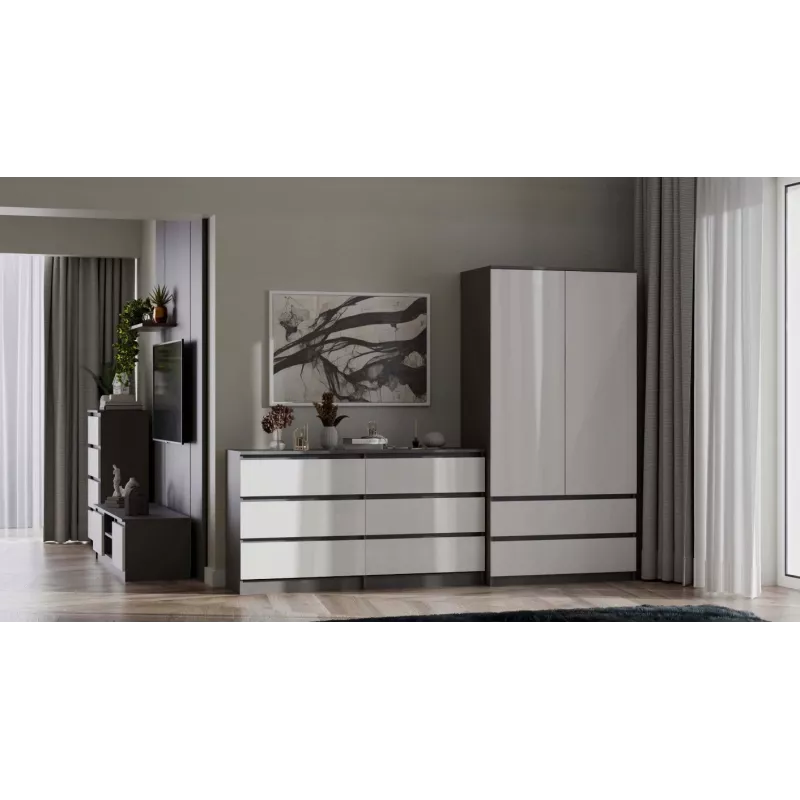 Kleiderschrank top e shop MALWA SS-90, 90×180×50 cm, anthrazitfarbener Rahmen, weiße Drehtüren, 2 Schubladen, Laminat 16 mm