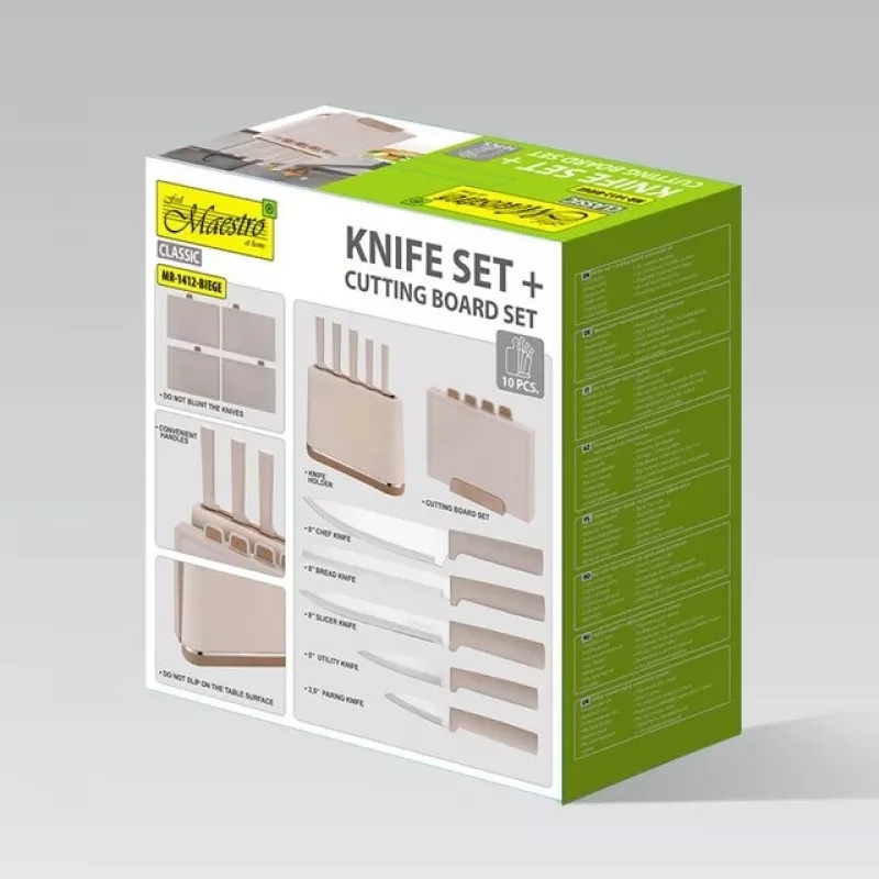 Maestro MR-1412-BEIGE Messerset mit Block + Schneidebrett-Set Beige