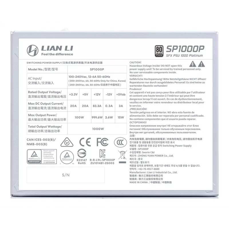 Netzteil Lian Li SP Series Platinum SFX vollmodular PCIe 5.1 ATX 3.1 1000W (G9P.SP1000P.W000.EU)
