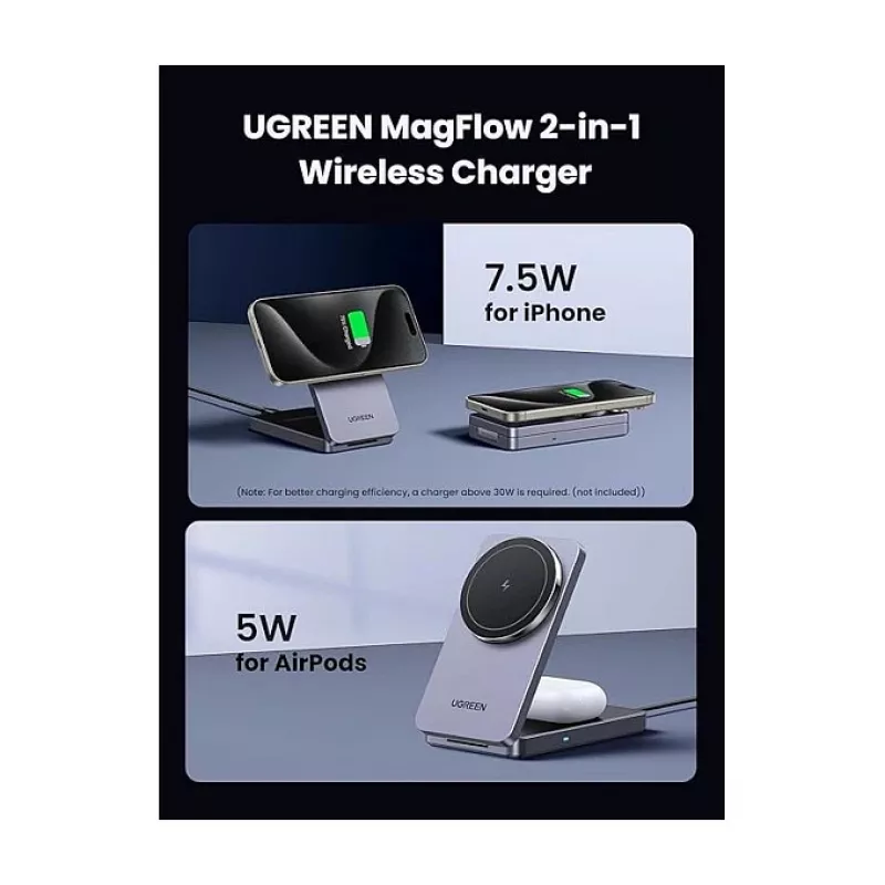 UGREEN kabelloses AC-Indoor-Ladegerät für Kopfhörer und Smartphones W528, grau, Kurzschluss- und Unterspannungsschutz