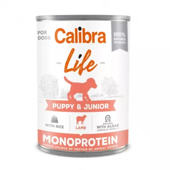Nassfutter für Hunde Calibra Puppy & Junior Lamm & Reis — 400 g, Alleinfuttermittel für allergische Welpen, Protein 9,5 %, Fett 7,5 %