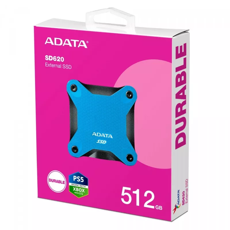 Externe SSD ADATA SD620 512 GB, USB 3.2 Gen 2 Micro-USB B, blau, Silikongehäuse, stoßfest