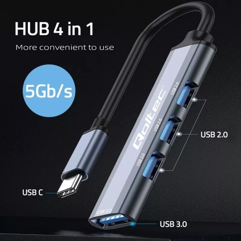 USB-Hub QOLTEC 53792, USB-C 3.1 auf 4 Ports (USB 3.0 x1, USB 2.0 x3)