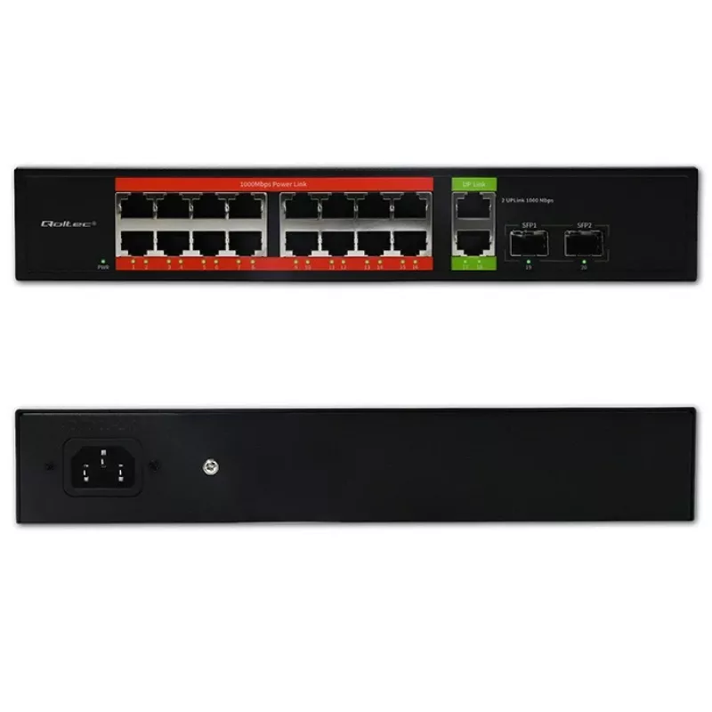 Netzwerk-Switch QOLTEC 52292 — Gigabit Ethernet PoE, 16x RJ45, 2x RJ45-Uplink, 2x SFP