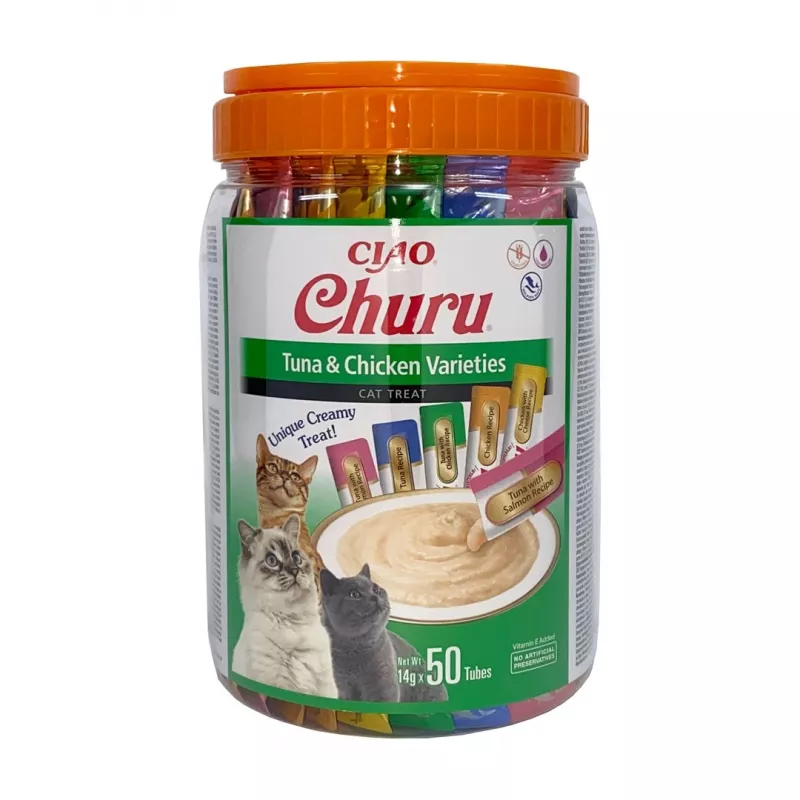 Feuchte Katzenleckerlis INABA Churu Sorten — Huhn und Thunfisch, 50 x 14 g Pastentuben, getreidefrei, gluten- und zuckerfrei