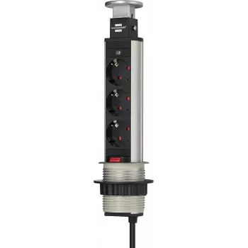 Brennenstuhl Tower Power Table Extension Socket - Verlängerungskabel - 3 Steckdosen - 2,0 m - Schwarz, Aluminium (1396200003)