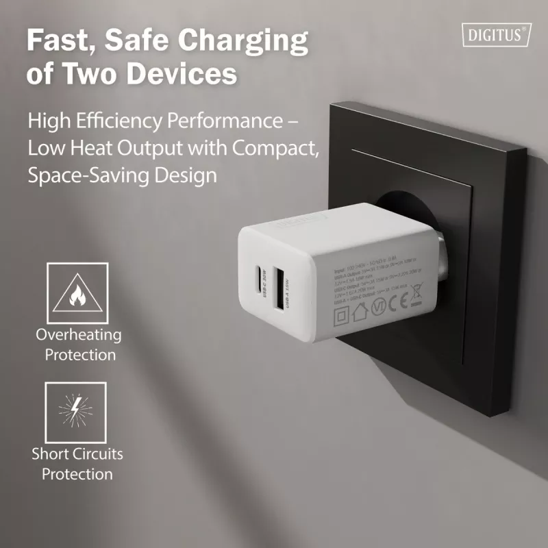 AC Indoor USB GaN Ladegerät DIGITUS DA-10301 — 30W, 1× USB-C, 1× USB-A, 100–240V, weiß