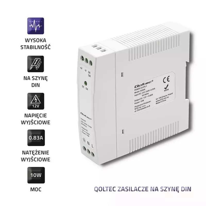 DIN rail power supply 10W, 12V, 0.83A, schlank