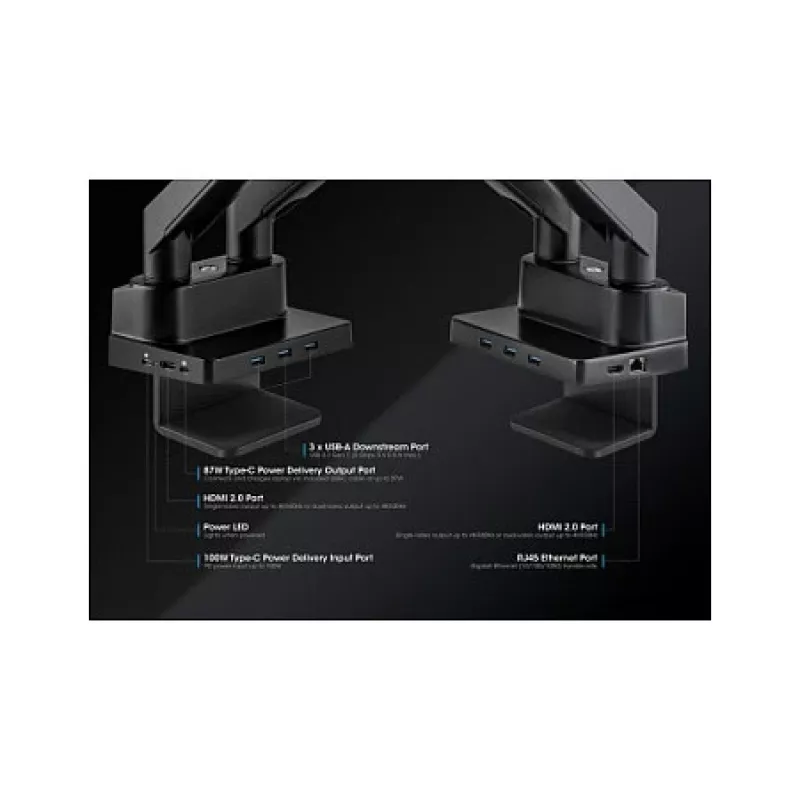 Manhattan Dual Desk Mount für TV & Monitore (Full Motion Gasdruckfeder) mit integriertem Dock, Für Bildschirme bis 27 Zoll, Anschlüsse (x7): Ethernet, HDMI (x2), USB-A (x3) und USB-C, Power Delivery (100 W) zum USB-C-Anschluss (separates USB-C-Netzteil/Kabel erforderlich), VESA: 75x75 und 100x100 mm