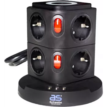 Steckdosenleistenturm AS Schwabe 18221 mit 8 Steckdosen, 2,0 m Kabel, integrierter kabelloser Qi-Ladefunktion, schwarz