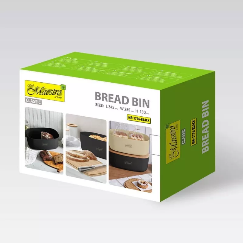 Brotkasten Maestro MR-1776-Schwarz für die Arbeitsplatte, Kunststoffgehäuse mit Holzdeckel, 345×235×130 mm
