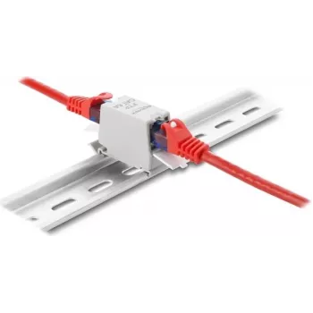 Kupplung DELOCK RJ45 Cat.6A Buchse-zu-Buchse mit Staubschutzabdeckung, geschirmt, Hutschienenmontage, Grau/Weiß