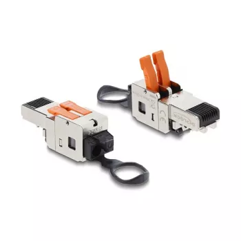 DELOCK RJ45-Stecker mit Klemmverschluss 2-polig +/− werkzeugfrei, Composite-Power-Anschluss, Stecker, schwarz/Edelstahl