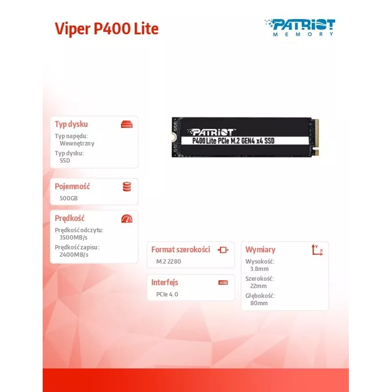 SSD-Festplatte Patriot Memory 500 GB M.2 PCI Express 4.0 NVMe P400 Lite