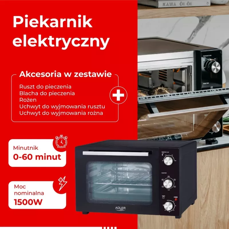 Elektrischer kompakter Tischbackofen Adler AD 6026 – 48 l Fassungsvermögen, 1800 W, freistehend, mechanischer Timer
