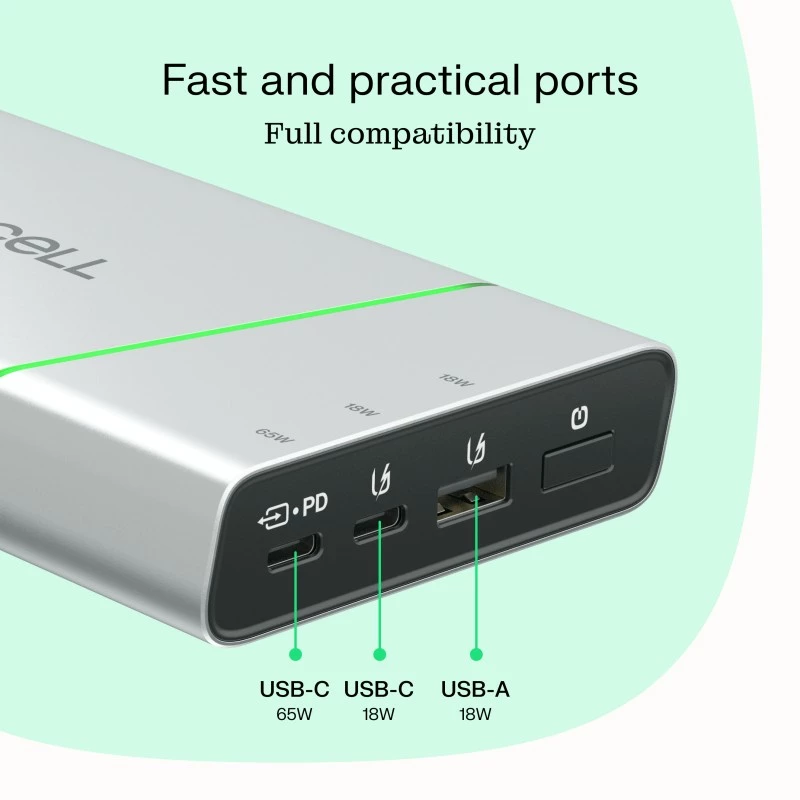 Tragbarer Akku Grün Cell BPLGC20P 20800 mAh Lithium-Ionen, USB-C PD 65W, 2x USB-C + 1x USB-A, Aluminiumgehäuse