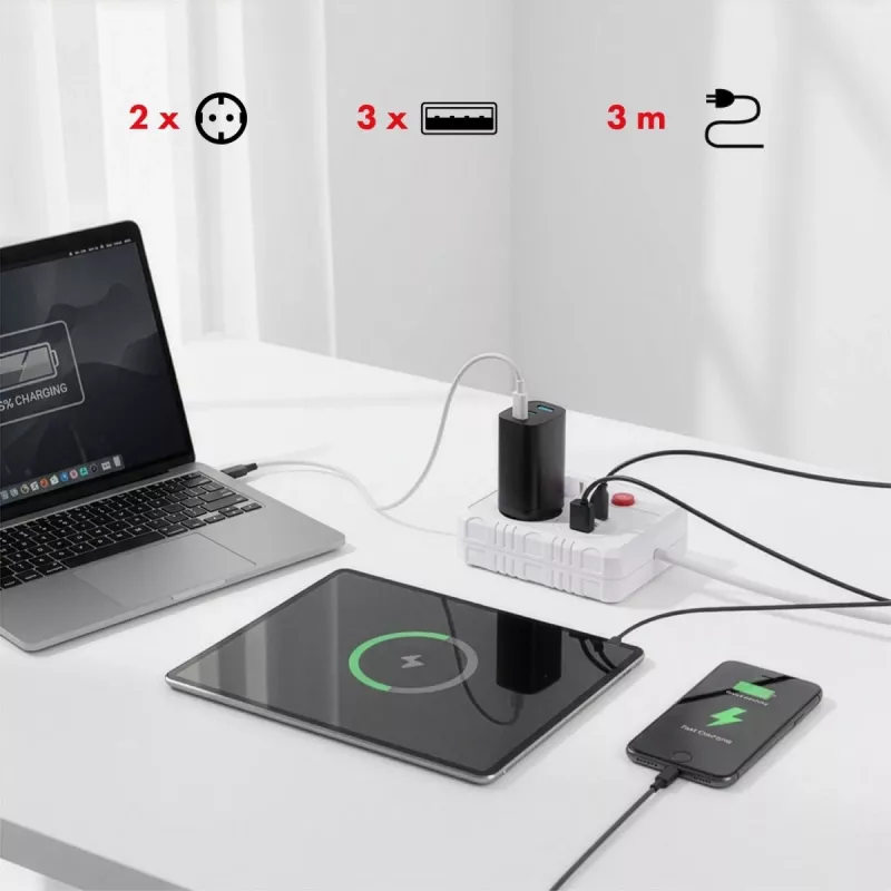 Steckdosenleiste MACLEAN MCE388 W – 2 Steckdosen, 3×USB, 110–240V, 2500W, 3 m Kabel, weiß