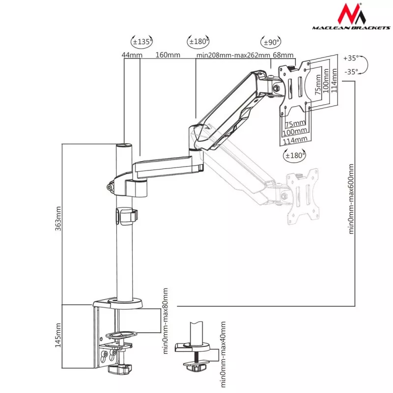 Schreibtisch-Monitorhalterung MACLEAN MC-775 für 32 Zoll (81,3 cm) Bildschirme, VESA 75x75–100x100, bis 8 kg, grau