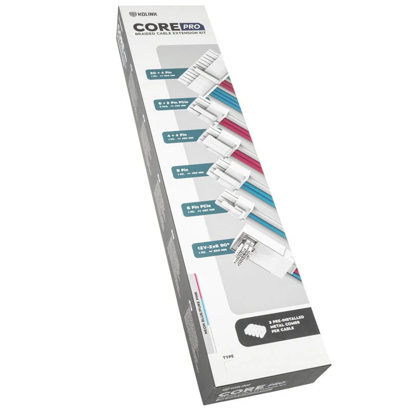 Kabel-/Adapter-Kit Kolink Core Pro 12V-2x6 Typ 2 geflochtene Verlängerung – Brilliant White/Neon Blue/Pure