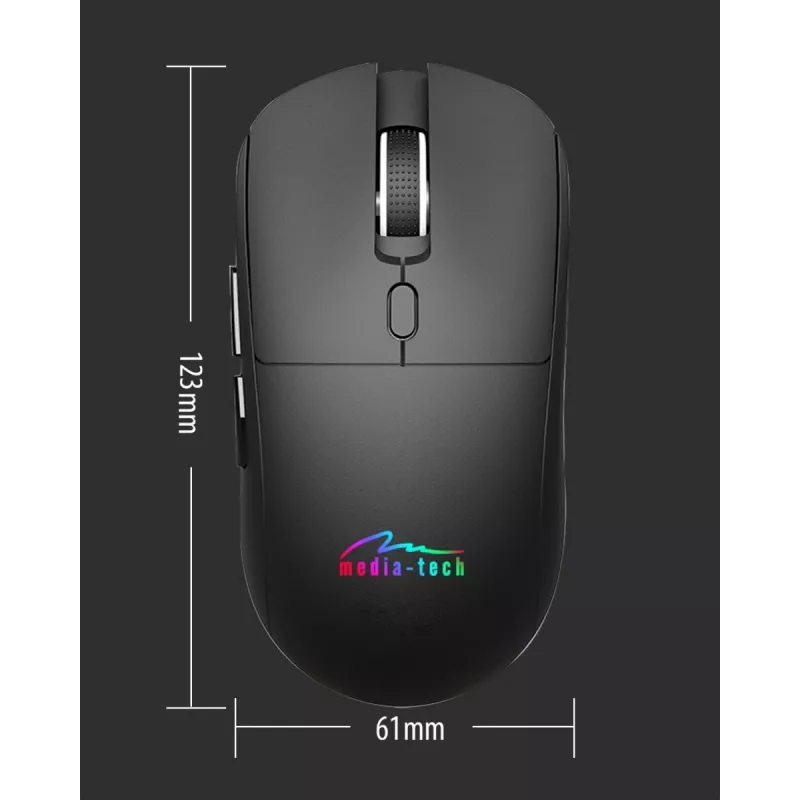 Kabellose Maus MEDIA-TECH MT1124 BT/RF Silent & Recharge — beidhändig, 3200 DPI, Bluetooth + 2,4 GHz USB, 6 Tasten, wiederaufladbar