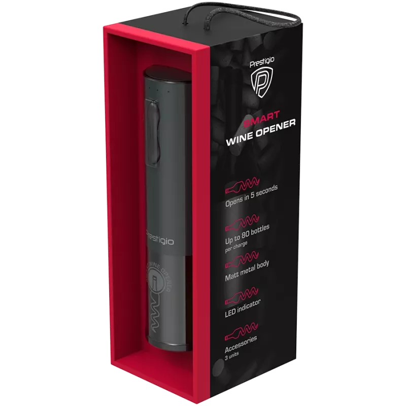 Bolsena, Elektrischer Korkenzieher mit Prestigio-Logo, Belüfter, Vakuumversiegelung, schwarze Farbe