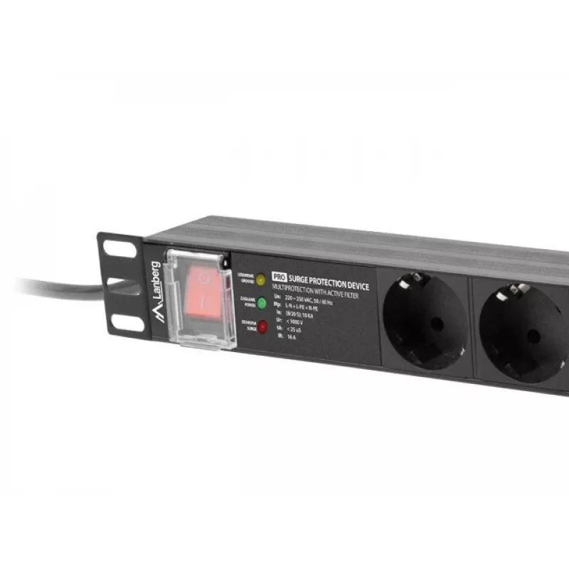 Stromverteilungseinheit LANBERG PDU-PRO-07F-0200-BK — 1U-Rack-PDU, 7 Typ-F-Steckdosen, 16 A, 2 m Kabel, schwarz