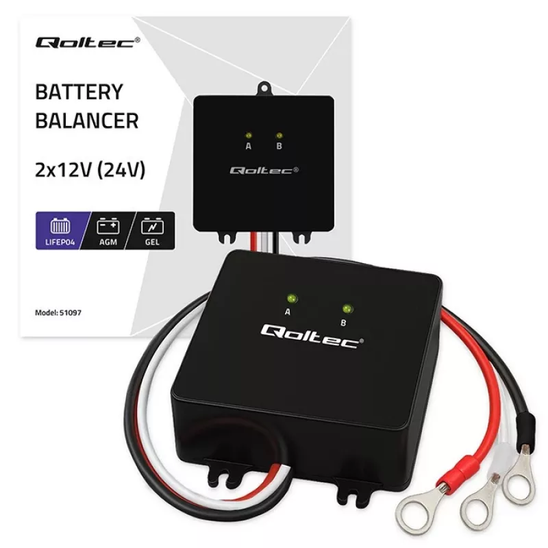 Batterie-Spannungsausgleicher QOLTEC 51097 für 24V (2×12V) Batterien, 5A Ausgleichsstrom