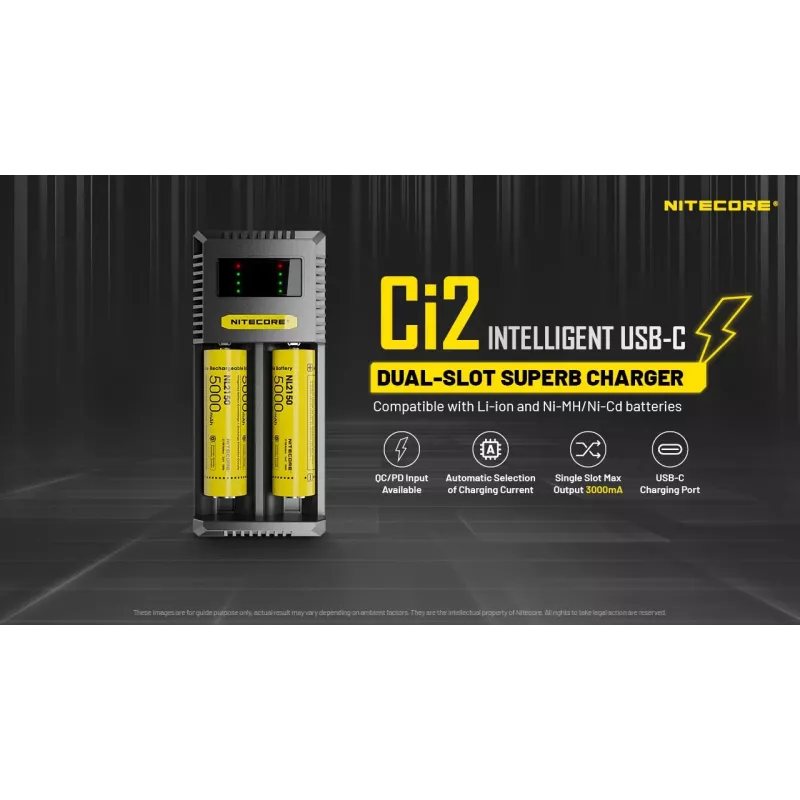 Batterieladegerät Nitecore Ci12 Universelles USB-Ladegerät für Li‑Ion, NiCd, NiMH, 3A Eingang 5/9/12V, Kunststoffgehäuse