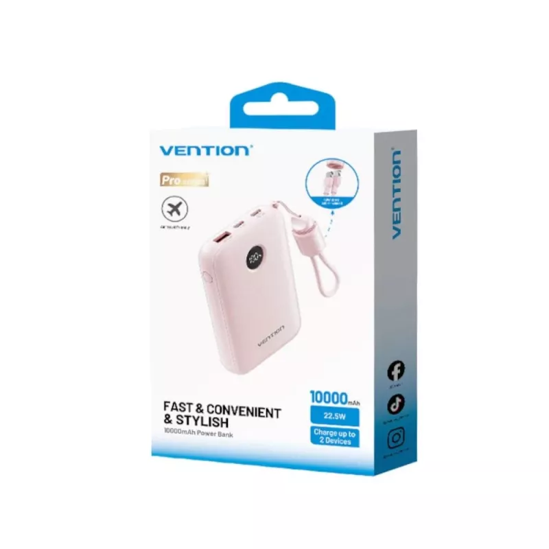Powerbank Vention FKAP0-C 10000 mAh, 2× USB-C + 1× USB-A, 22,5 W, Pink